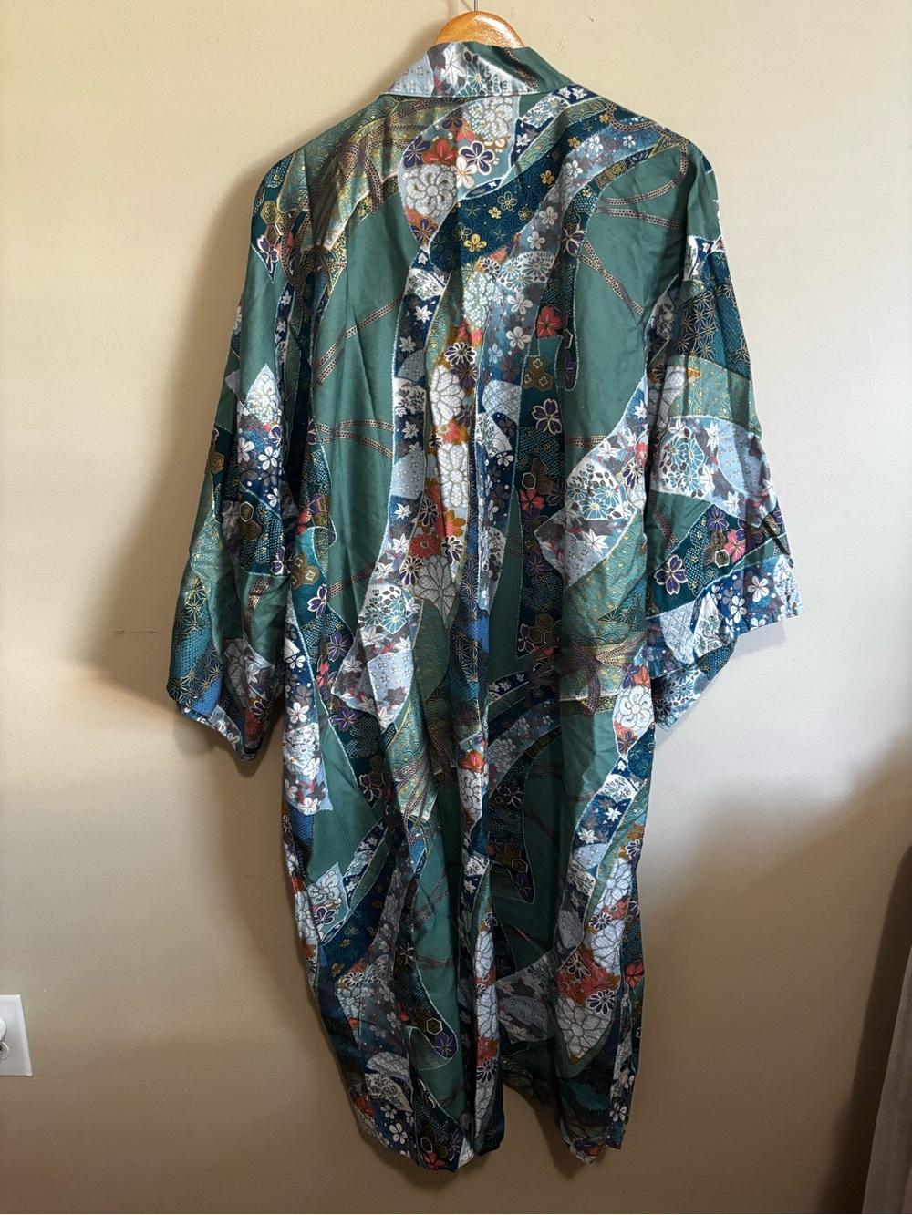 Vintage Japanese Kimono Robe XL Green Floral Cotton Belted Yukata - Picture 6 of 12